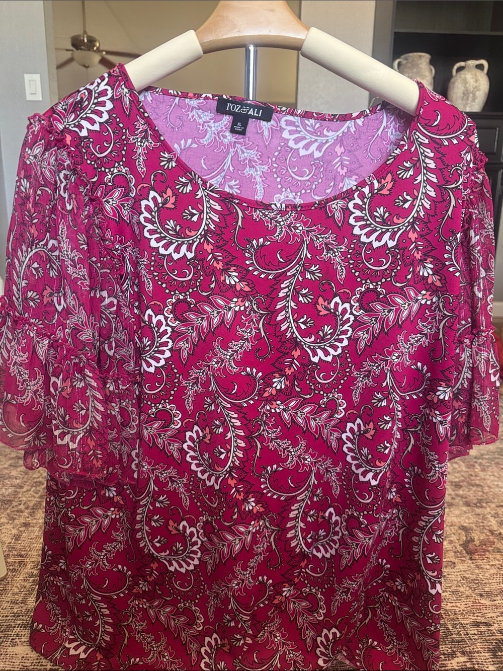 Roz & Ali Women's Pink Paisley Short Sleeve Blouse